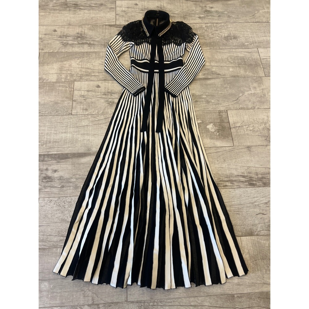 ELIE SAAB Floral Lace Knitted Long Sleeve Dress Black White Striped Chain Collar - Picture 5 of 16
